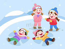 冬季儿童户外雪地打雪仗滑冰扁平化卡通插画