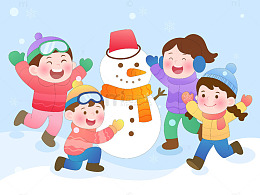 冬季孩子户外雪地堆雪人嬉戏玩耍卡通插画