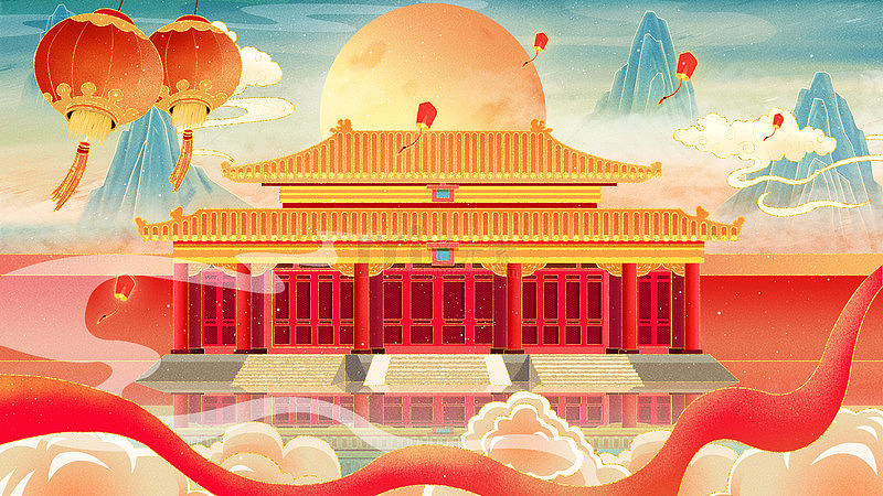 古风山水城市地标建筑阁楼山水风景插画10