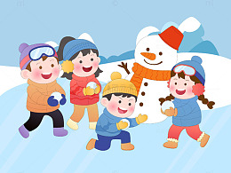 冬天儿童户外雪地打雪仗堆雪人卡通插画
