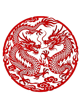红色圆形剪纸双龙图案
