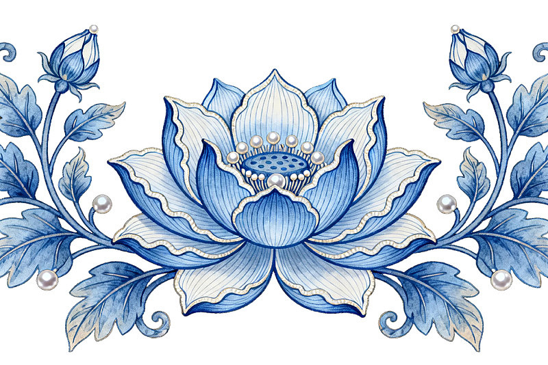 蓝白莲花花卉图案装饰画