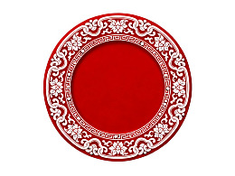 红色圆形盘子配白色花纹边框