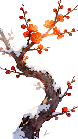 雪覆梅枝红花绽放图片