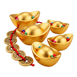 金色元宝与铜钱串装饰品