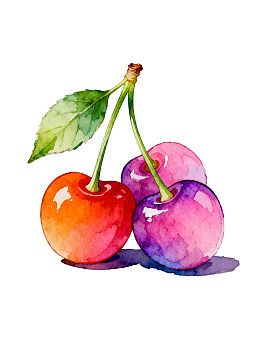 三颗色彩斑斓的樱桃水彩画