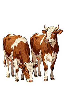 两只棕白相间奶牛站立