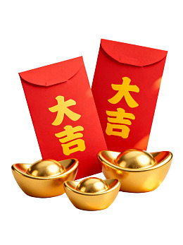 红色红包与金色元宝象征吉祥