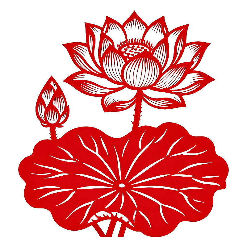 红色剪纸风格莲花图案