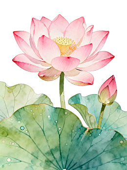 盛开的粉色莲花与莲叶