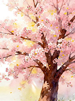 盛开的樱花树水彩画图片