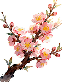 水墨风格桃花枝绽放图片
