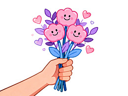 手捧笑脸花束爱心环绕