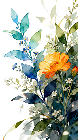 水彩风格花卉与绿叶组合