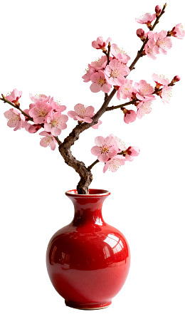 红瓶粉花枝条静物图片