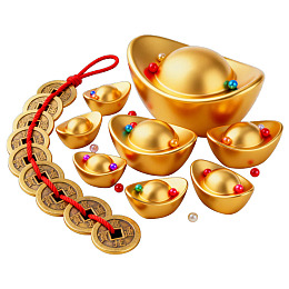 金色元宝与古币串装饰