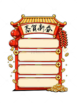 传统中国新春祝福卷轴灯笼鞭炮金币直播边框