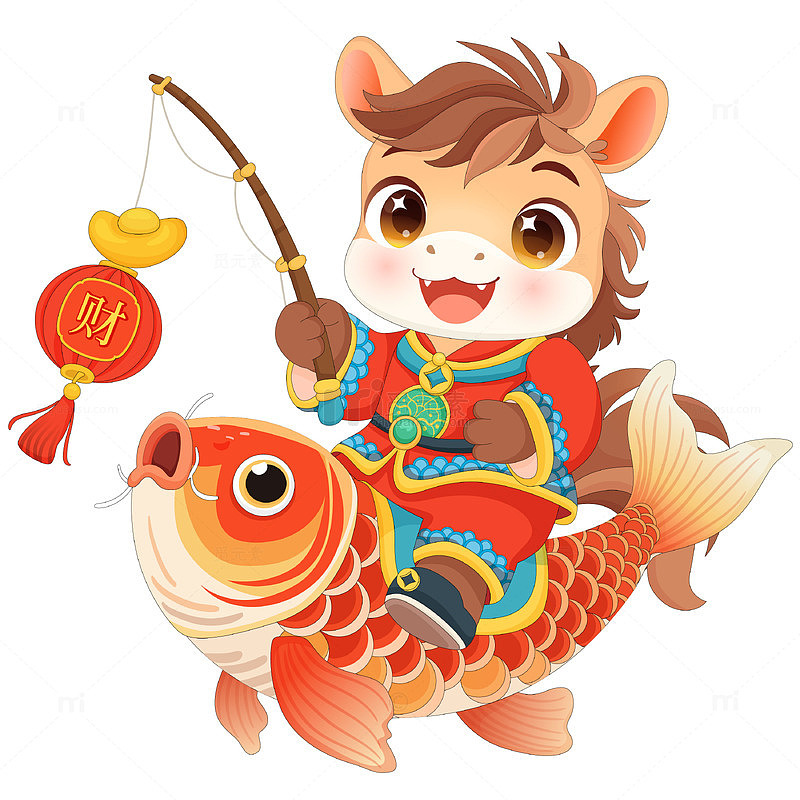 马年春节新年锦鲤拿灯笼元宝小马驹儿童插画