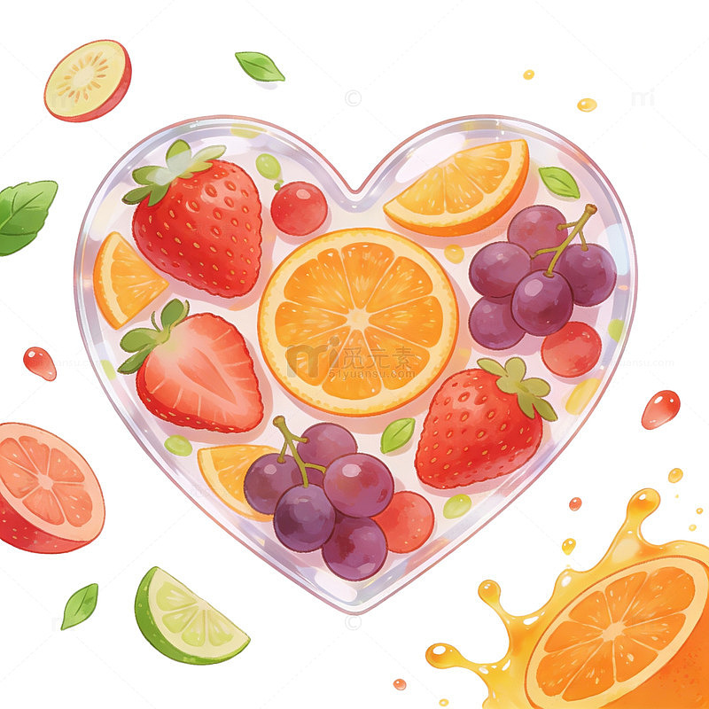 水彩心形水果插画