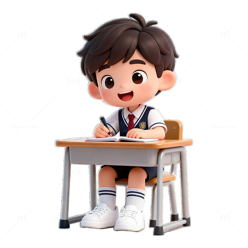 卡通Q版小男孩小学生认真写作业