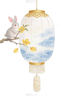 水墨风兔子灯笼插画