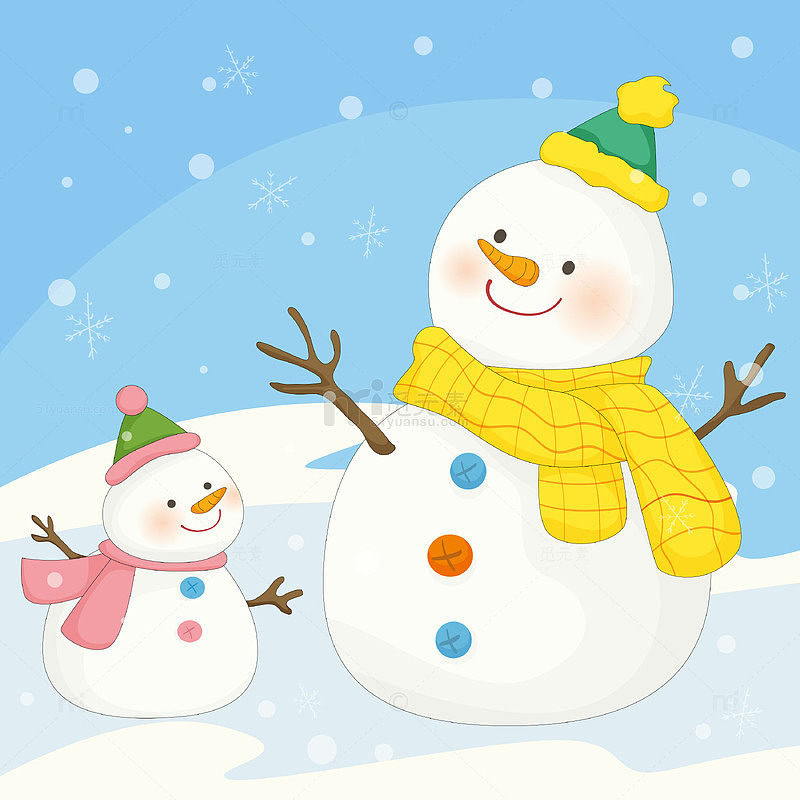 冬天戴围巾帽子雪人妈妈雪人宝宝儿童插画