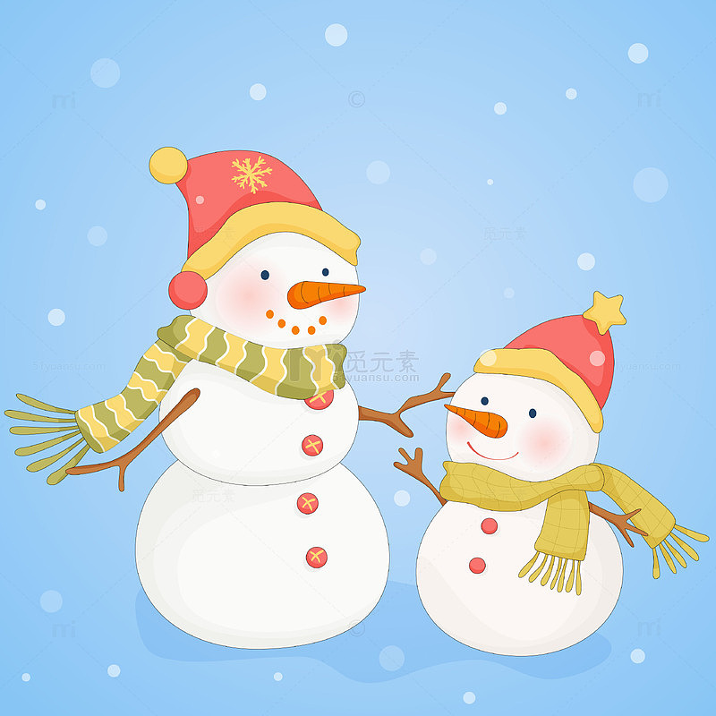 冬天戴围巾帽子雪人妈妈雪人孩子儿童插画
