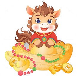 马年春节新年聚宝盆大元宝金币小马驹插画