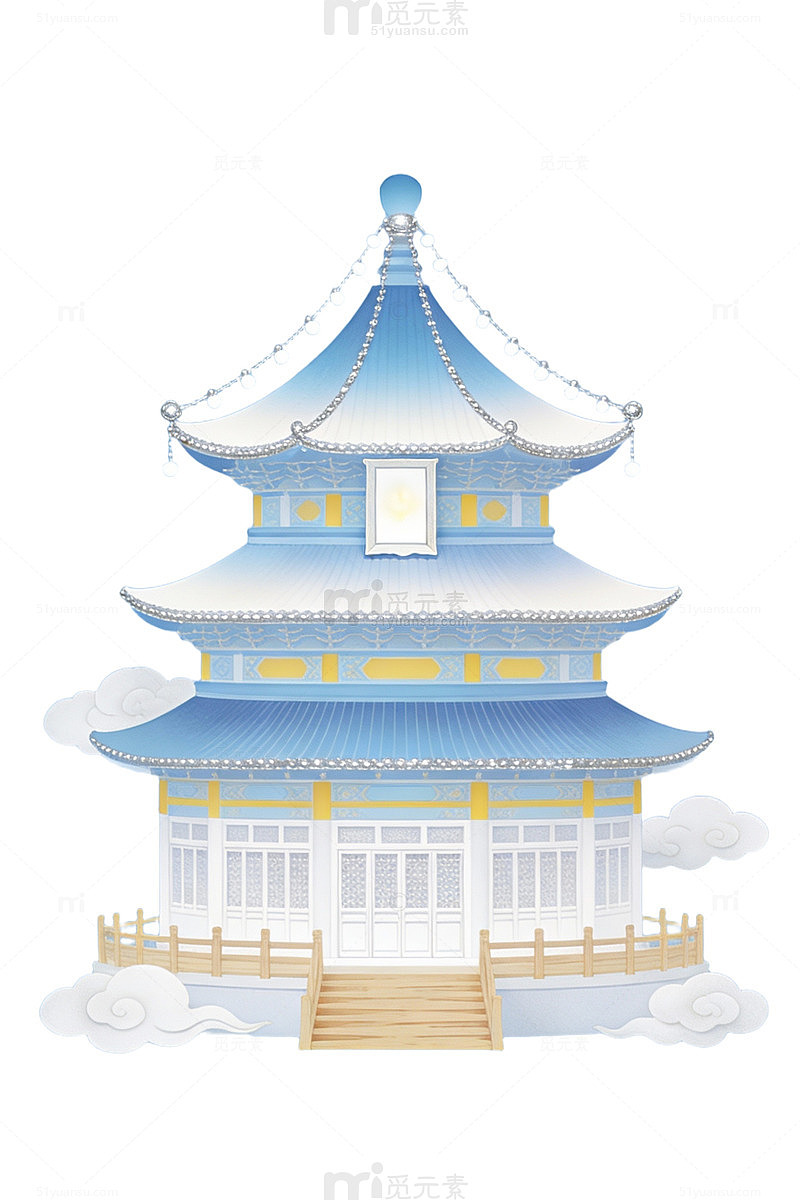蓝色古风建筑插画