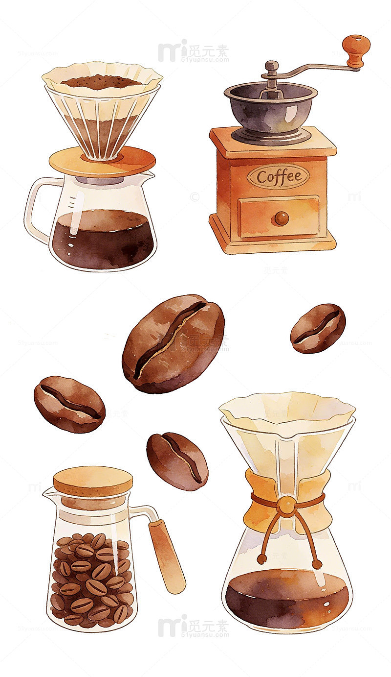 水彩咖啡器具插画设计素材