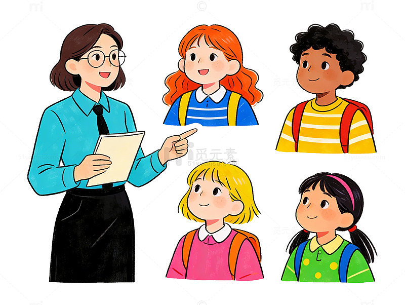 卡通教师与学生插画