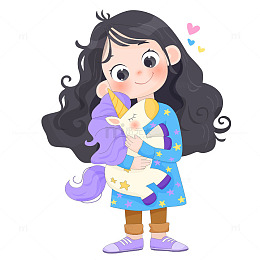 女孩拿紫色独角兽玩具儿童卡通插画