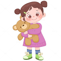 女孩拿棕色小熊玩具可爱儿童卡通插画