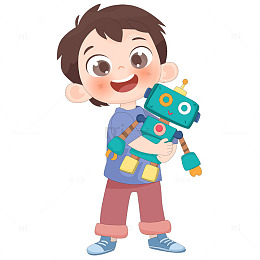 男孩拿机器人玩具可爱儿童卡通插画