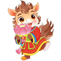 马年春节新年粉色莲花灯祈福流苏小马驹插画