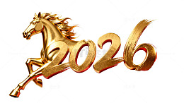 马年主题，新春，2026，金色艺术字立体