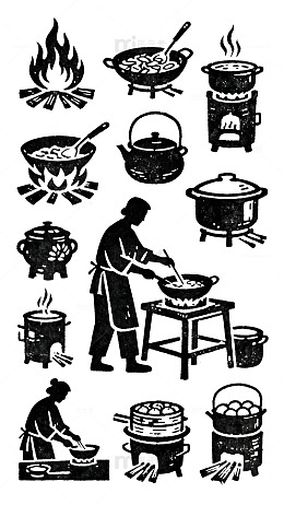 黑白简笔画烹饪场景素材