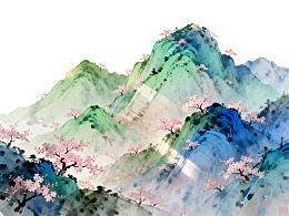 水墨山峦樱花绽放图片