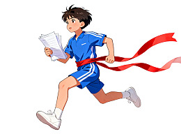 蓝衣少年奔跑越过终点线