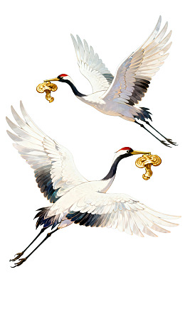 两只仙鹤携金元宝飞翔