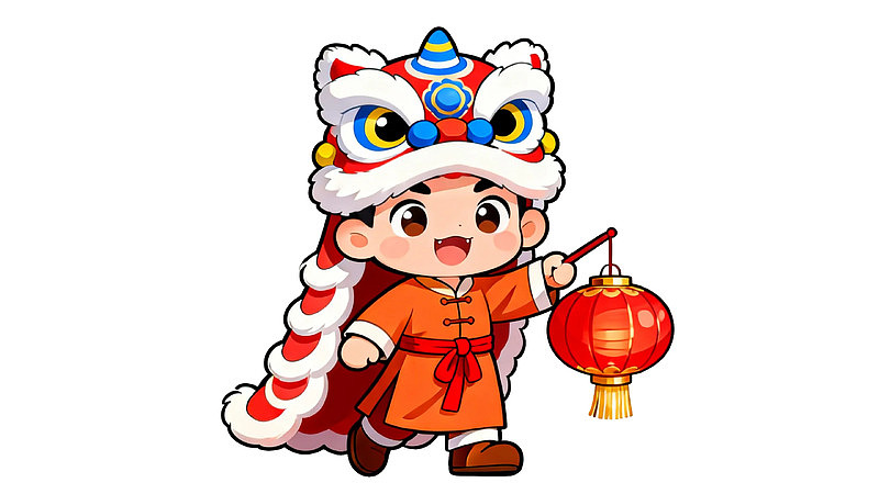 卡通人物手持红灯笼舞狮帽