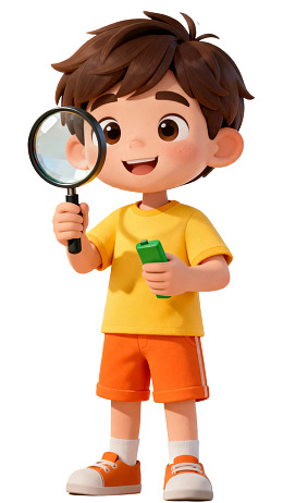 卡通男孩手持放大镜和手机