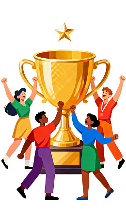 四人举奖杯庆祝胜利图片