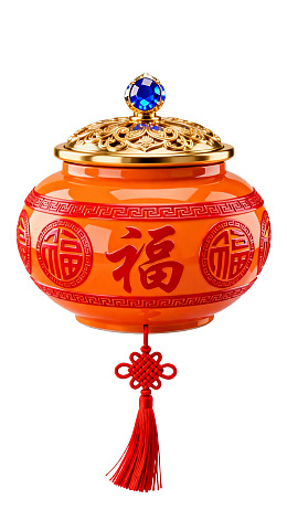 红色福字陶瓷罐配金色盖子