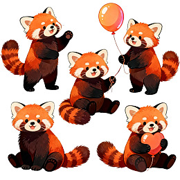五只可爱红熊猫卡通形象