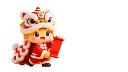 卡通人物身着舞狮服手持红卷轴