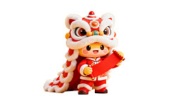 卡通舞狮人物手持红色卷轴