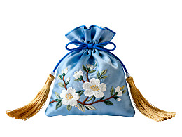 蓝色刺绣花卉香囊配金色流苏