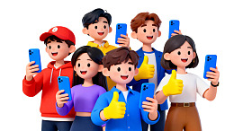 卡通人物手持手机点赞