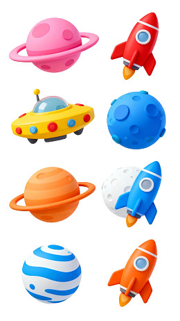 多彩星球与火箭卡通图标集